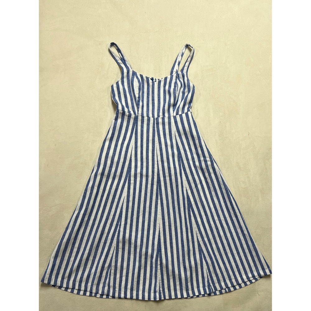 Old Navy Women XS Blue White Striped Linen Blend Midi Dress Pockets Smocked Back
